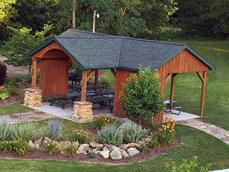 Image: Wide view of Conneaut Cellars Picnic Pavilion and surround beautiful landscaped grounds.